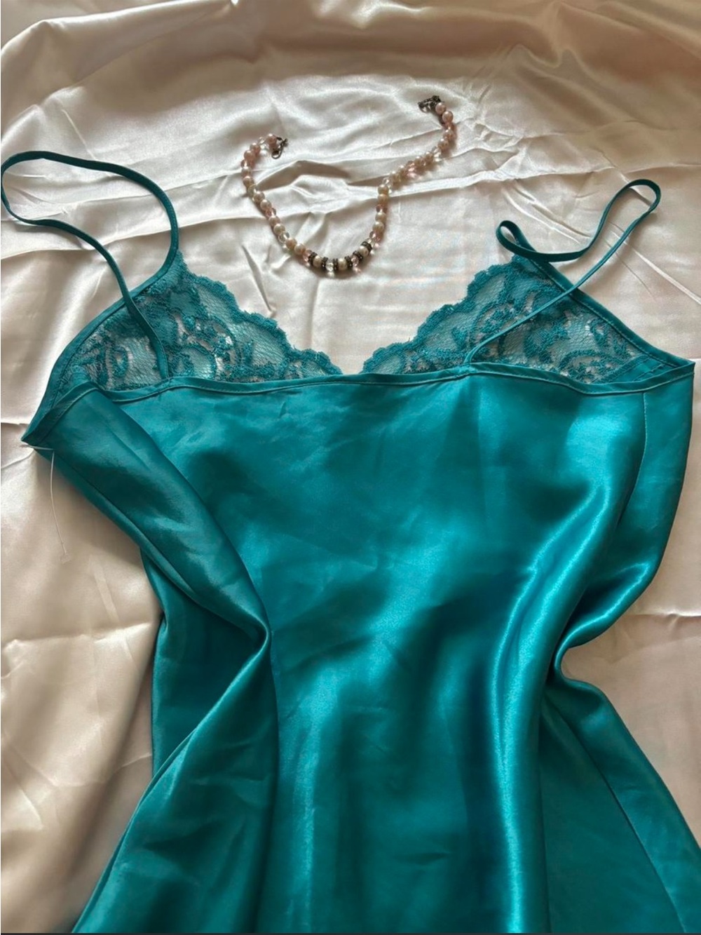 Women's Teal Satin Lace Chemise Slip - Picture 4 of 4